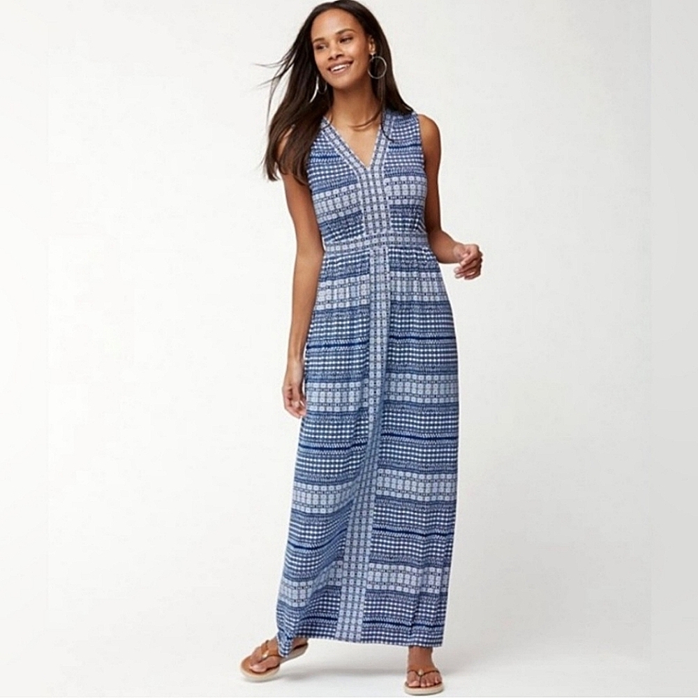 Tommy Bahama Greek Grid Tambour Sleeveless Maxi Dress Size S Blue/White